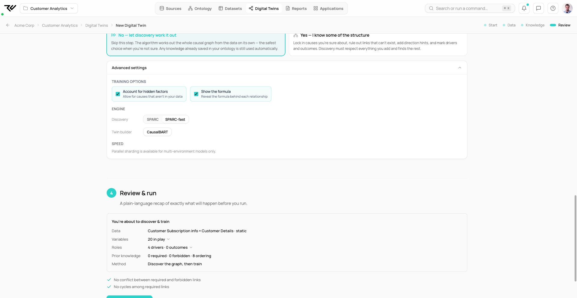 The twin builder's Advanced settings and Review & run step, showing the Training Options toggles — Account for hidden factors and Show the formula — the Discovery engine choice of SPARC and SPARC-fast, and the plain-language recap