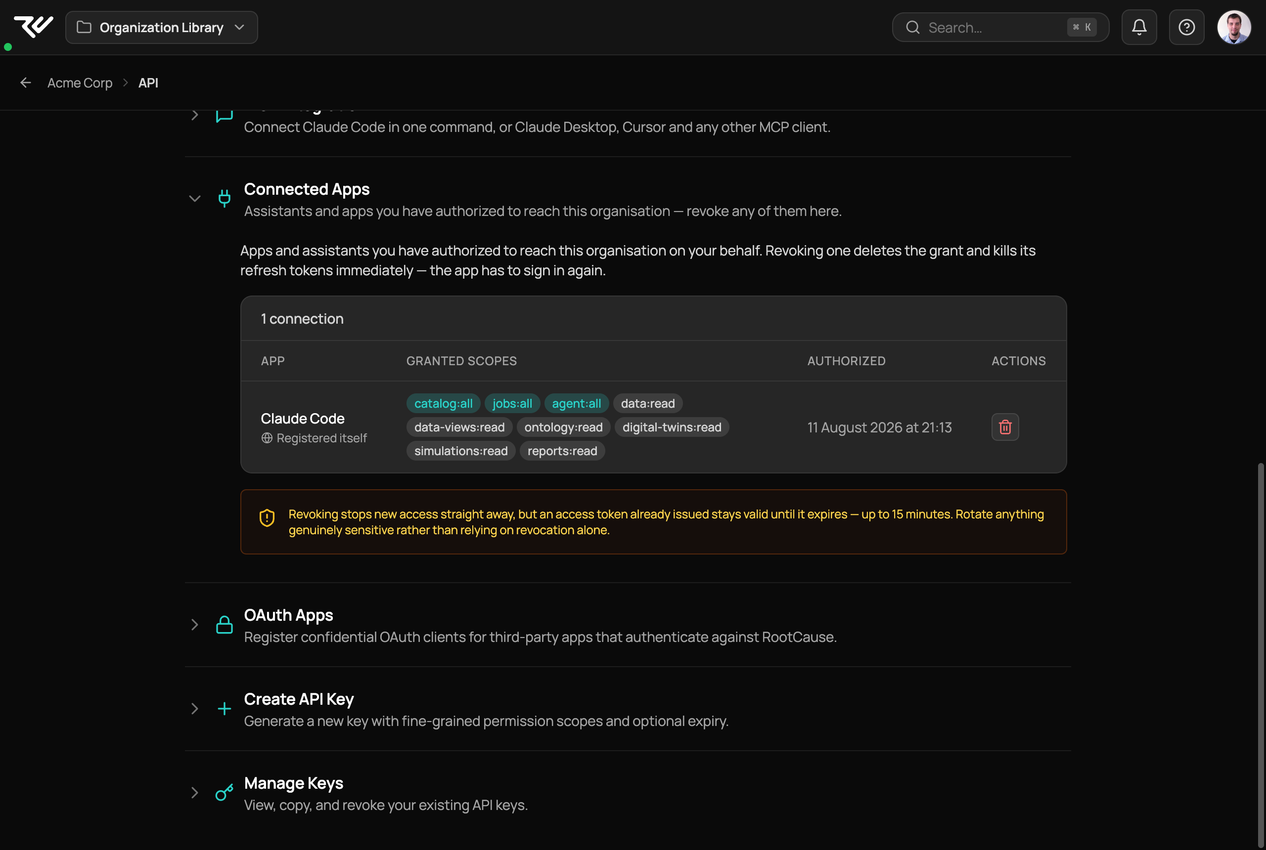 The Connected Apps section of the API page expanded, listing one connection named Claude Code marked as Registered itself, with granted scope pills for catalog, jobs, agent, and read access to data, datasets, ontology, digital twins, simulations, and reports, an authorization date, a revoke button, and a warning that revoking stops new access straight away but an already issued access token stays valid for up to 15 minutes