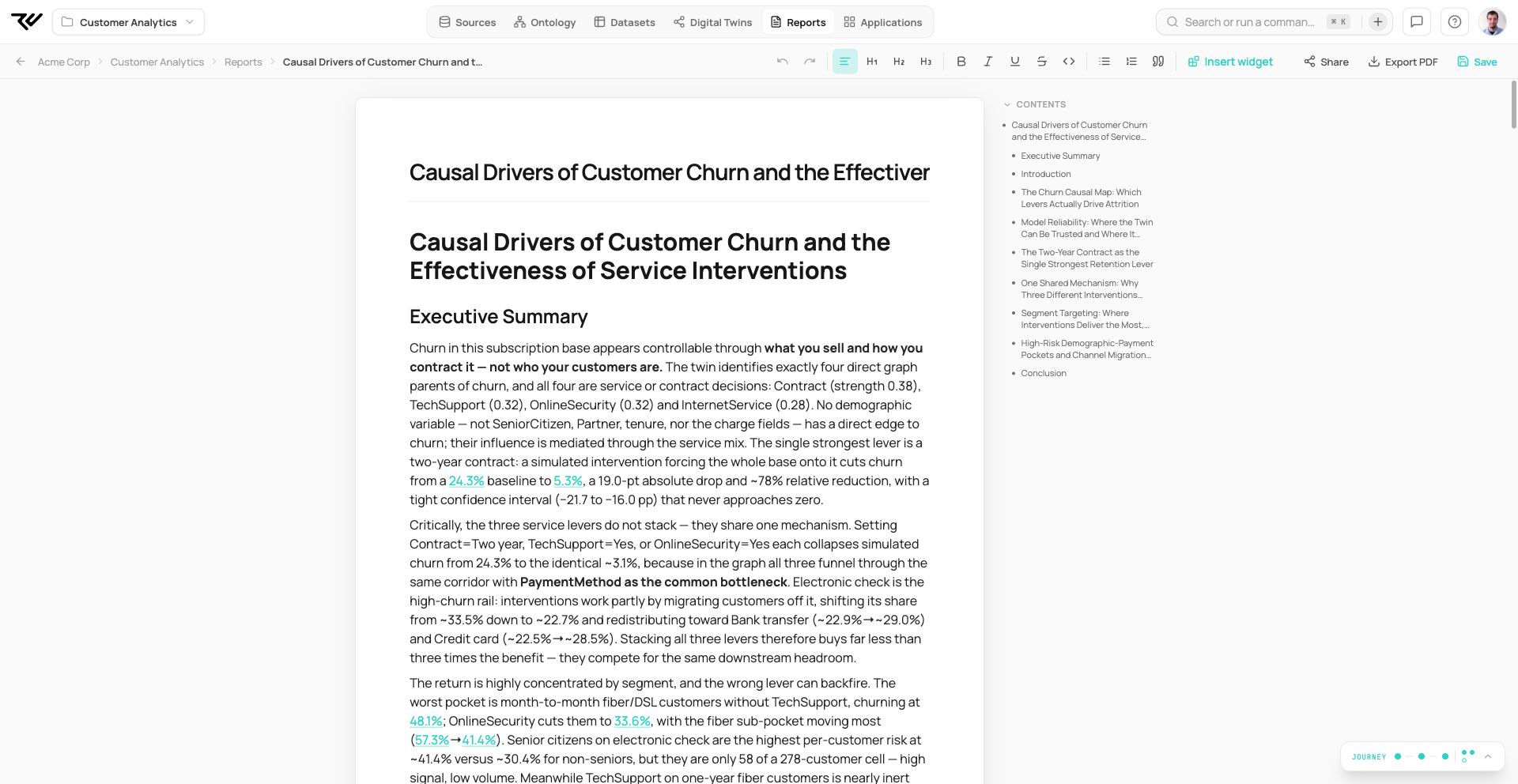 The report editor showing a generated report titled Causal Drivers of Customer Churn and the Effectiveness of Service Interventions, with a formatting toolbar, Insert widget, Share, Export PDF and Save controls, a Contents outline on the right, and an Executive Summary whose key numbers are evidence links