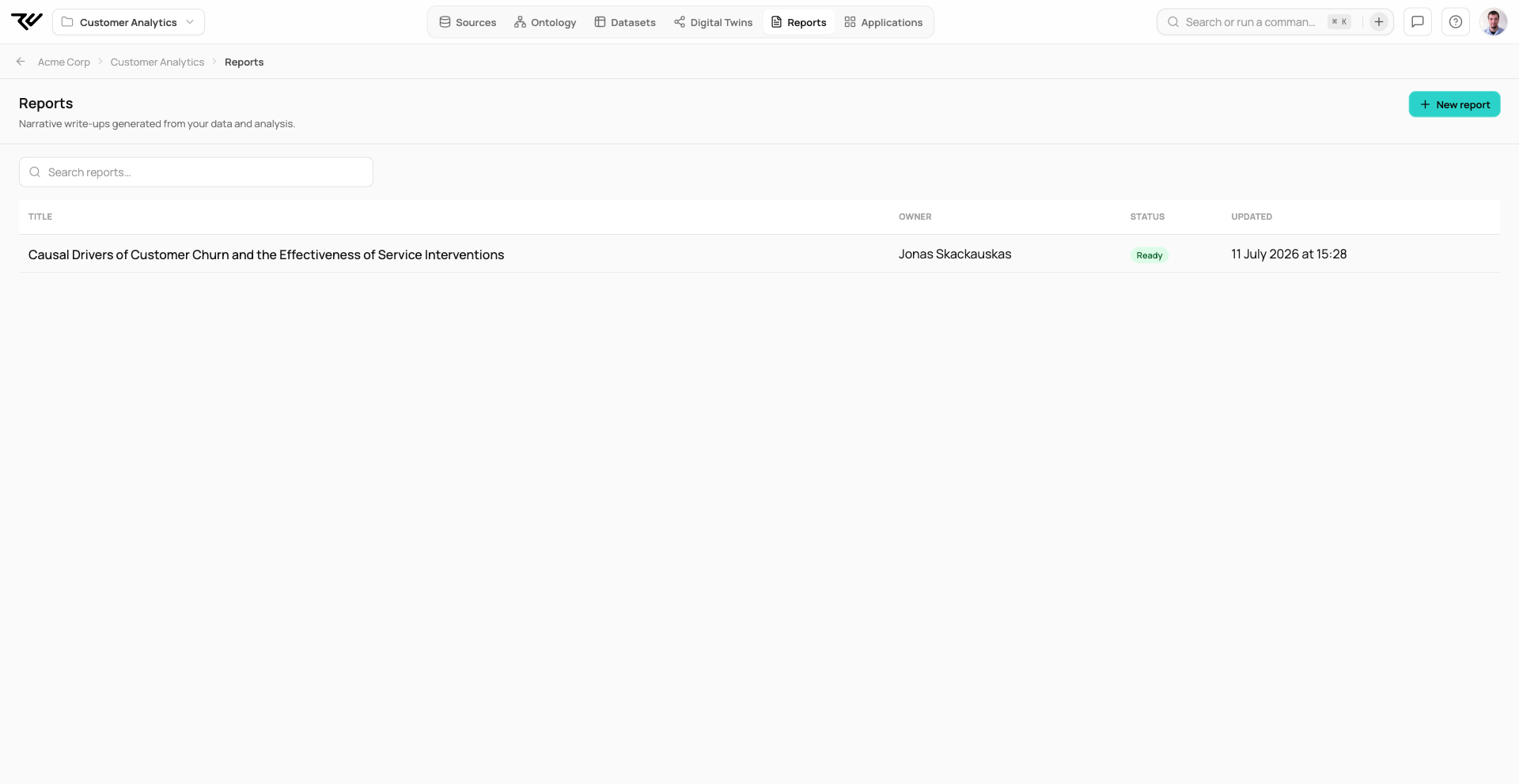 Reports home with the New report button and one report listed with a Ready status