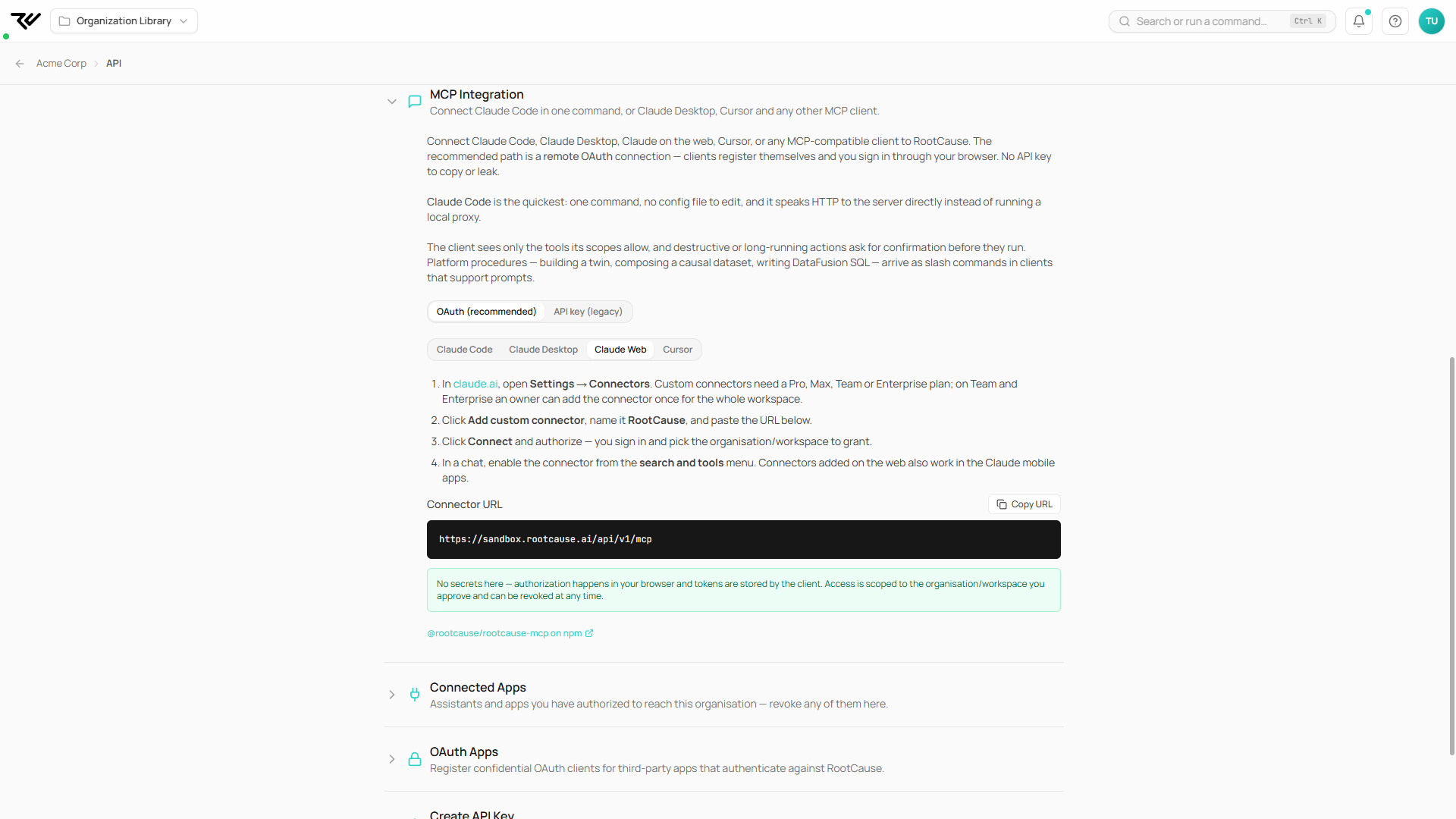 The MCP Integration section of the API page with the Claude Web tab selected: four setup steps for claude.ai's Settings and Connectors page, a Connector URL code block reading the platform MCP URL with a Copy URL button, and a note that no secrets are stored
